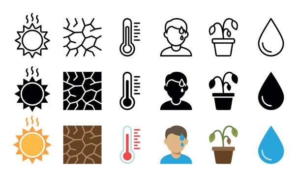Collection of drought and heatwave icons in line, glyph, and flat color styles showing a hot sun, cracked earth, thermometer, sweating person, wilted plant, and water drop