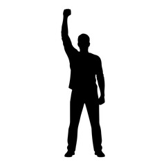 Silhouette of a man with his fist raised in victory.