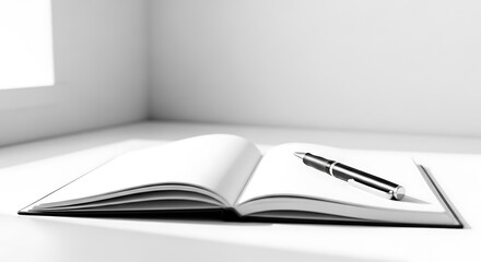 open book with pen on white surface in room