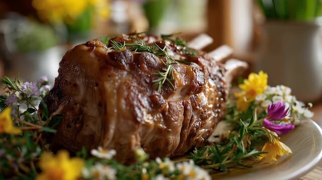 Deliciously roasted easter lamb surrounded by vibrant spring flowers on a rustic wooden table in a charming countryside kitchen. Soft daylight filters through the window, creating a cozy, welcoming