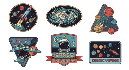 Collection of retro space themed patches and emblems. © Mila