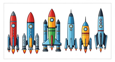 Collection of colorful cartoon rockets ready for launch. © Mila