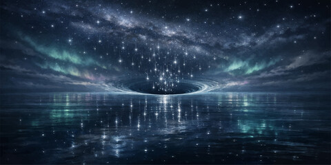 An abstract blue galaxy nebula glows with bright stars and cosmic clouds across the dark night sky of a vast fantasy universe © Faysal