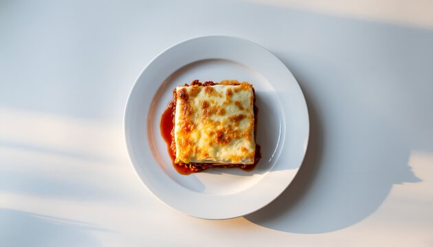 Delicious square lasagna portion on a white plate with rich tomato sauce and cheese