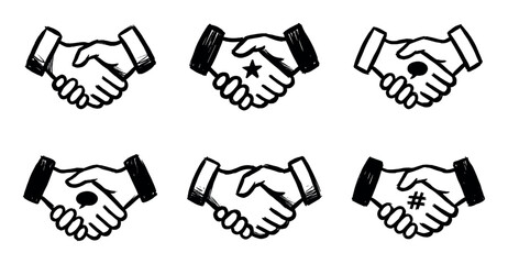 Fototapeta premium Set of six hand-drawn handshake icons representing partnership, agreement, and communication in a sketchy black and white doodle style with symbols like stars and hashtags