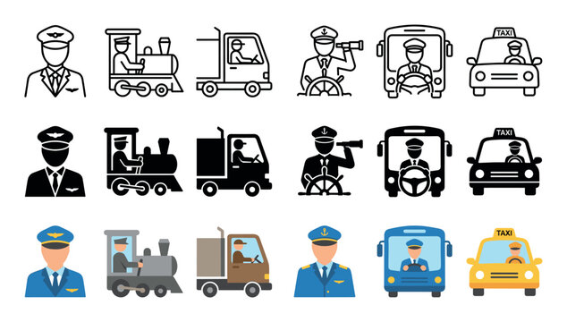 Vector icon set of transportation workers in line, silhouette, and flat color styles featuring a pilot, captain, train engineer, trucker, bus driver, and taxi driver
