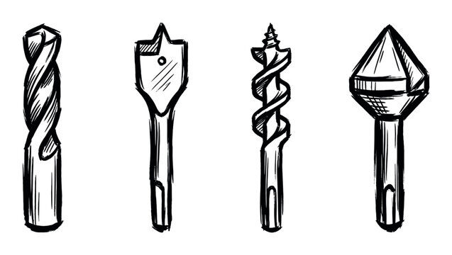 Set of various drill bit attachments for a power tool, hand-drawn in a simple black ink sketch style, featuring twist, spade, auger, and countersink designs