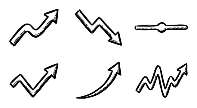 Hand-drawn black sketch arrows and chart elements showing various business trends like growth, decline, stability, and volatility in a simple doodle style infographic set