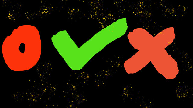 Correct and incorrect symbols on black background with gold splatters