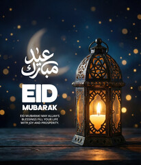 Elegant Eid Mubarak lantern with crescent moon and stars