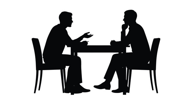 Two men engaged in conversation across a table black silhouette