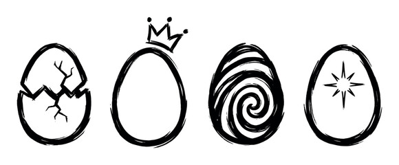 Four hand-drawn black ink sketch eggs with different symbolic designs including a cracked shell, a royal crown, a hypnotic spiral, and a shining star in a simple graphic style
