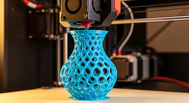 3d printer generates a complex blue plastic vase