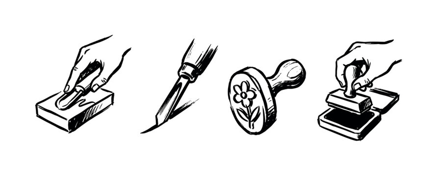 Set of four black ink illustrations showing the process of linocut printmaking, including a hand carving a block, a gouge tool, a finished flower stamp, and inking a stamp