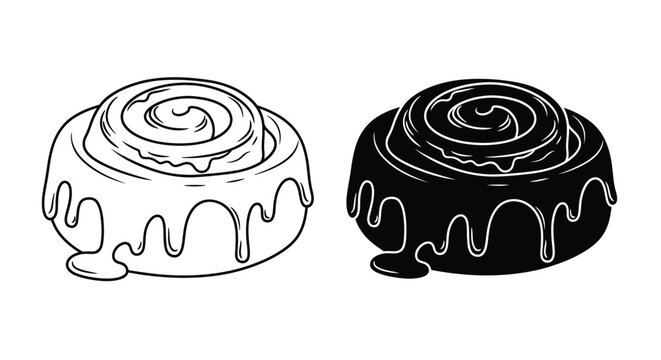 Two cinnamon rolls presented in contrasting styles a black silhouette