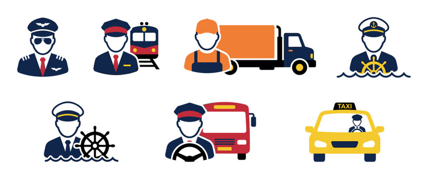 Colorful collection of flat vector icons representing transportation professions and public transit jobs like pilot, ship captain, train conductor, and drivers for trucks, buses, and taxis