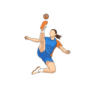 Female athlete performs high kick with rattan ball in mid-air, sepak takraw sport