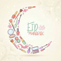 Vibrant Eid Mubarak celebration with colorful makeup and beauty products