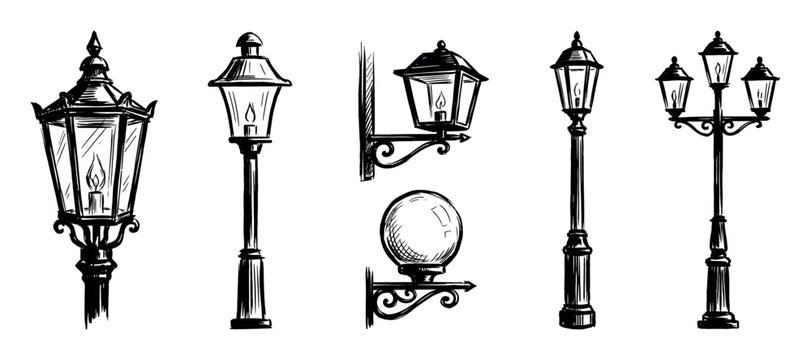 Collection of vintage street lamps and lanterns hand-drawn in a black ink sketch style, featuring various classic lampposts and ornate wall-mounted sconce designs