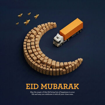 Eid Mubarak celebration with cargo truck and crescent moon made of boxes