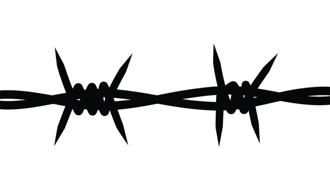 A stark black and white illustration of a section of barbed wire