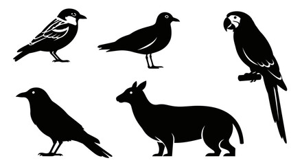 Diverse Animal and Bird Silhouettes Collection in Black and White