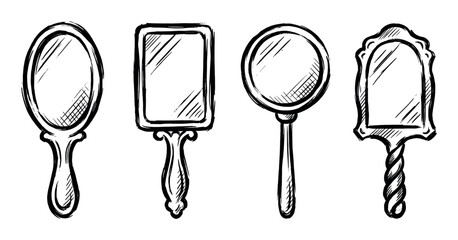 Plakat Collection of four vintage hand mirrors in various classic shapes, hand-drawn in a black ink sketch style with rough brush strokes and hatching for reflection