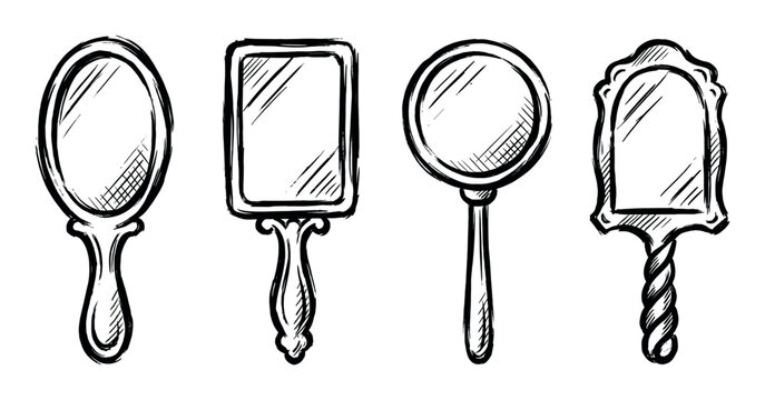 Collection of four vintage hand mirrors in various classic shapes, hand-drawn in a black ink sketch style with rough brush strokes and hatching for reflection
