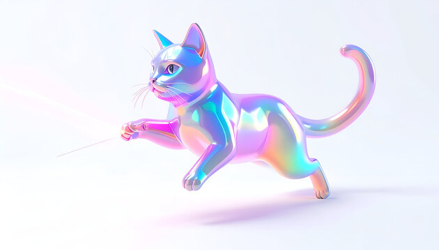Iridescent playful cat figurine playing with laser pointer shiny and bright