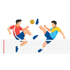 Fototapeta premium Sepak Takraw Players Competing in Mid-air with a Rattan Ball Over Net