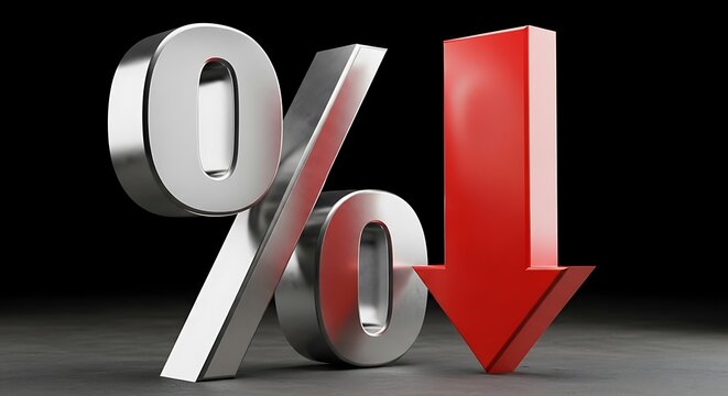 Metallic percentage symbol with a prominent red downward arrow indicating a decrease in value, finance, or economic trends