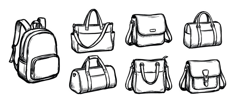 Collection of hand-drawn bags and backpacks in a black and white sketch style, featuring various designs like totes, duffels, and messenger bags for travel and school