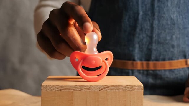Hand touches pink pacifier on wood. Man checks silicone dummy for baby. Hand inspects infant pacifier. Baby care concept with dummy. Parent holds pacifier. Pink dummy stands on wooden block.