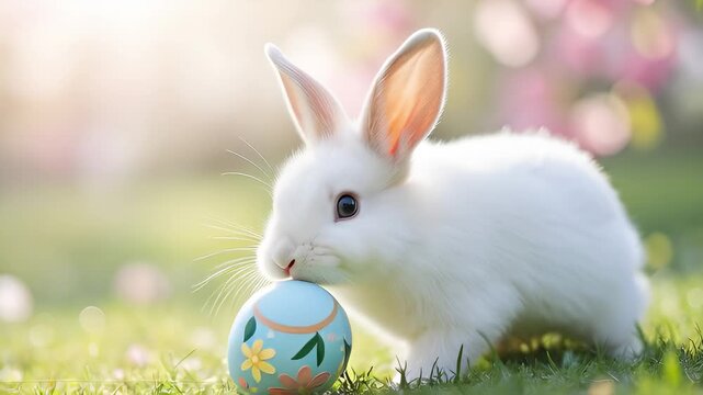White bunny pressing head against color egg. Cute rabbit celebrating spring time. Easter holiday background for greeting card.