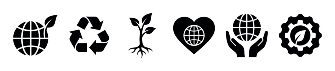 Six black environmental and sustainability icons representing ecology, recycling, growth, planet care, and green technology in a minimalist vector graphic style for conservation concepts