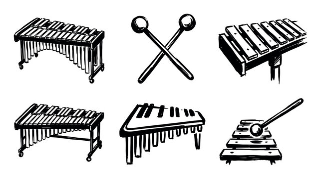 Set of hand-drawn xylophone and marimba illustrations in a black and white sketch style, showing various percussion instruments and mallets for musical concepts