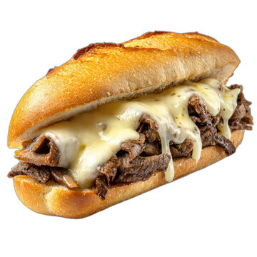 Delicious Philly Cheesesteak Sandwich with Melted Cheese on a Toasted Baguette, featuring Savory Sliced Steak, Isolated on a Transparent Background for Easy Use.