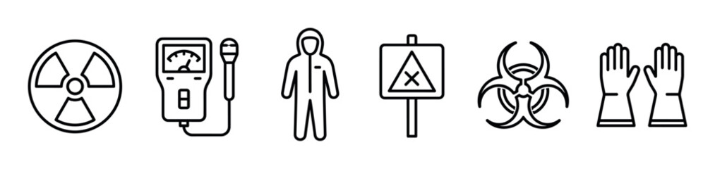 Hazardous materials and safety equipment icon set showing radiation and biohazard symbols, a Geiger counter, a person in a hazmat suit, a warning sign, and protective gloves