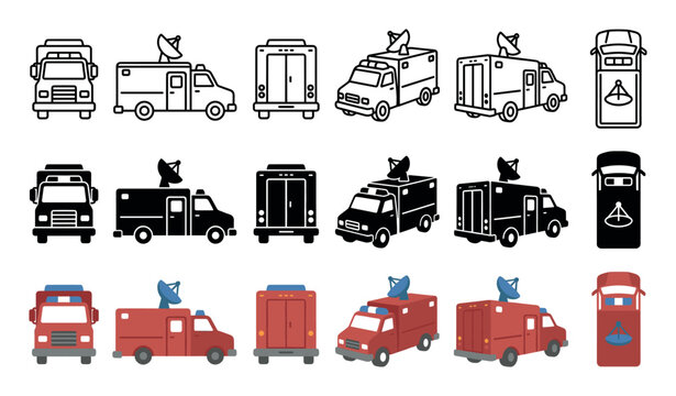 Satellite truck vector icon set in line, silhouette, and flat color styles, featuring multiple perspectives like front, side, rear, top-down, and 3D isometric views