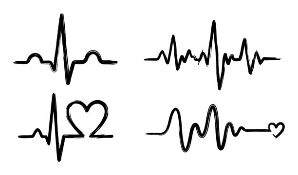 Collection of black grunge heartbeat lines with heart shapes, illustrating different pulse rhythms in a hand-drawn brush stroke style for medical and romantic concepts