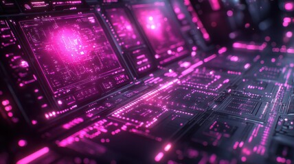 Fototapeta premium Futuristic AI Computing: Abstract Digital Circuit Board with Glowing Pink Neon Lights digital pink