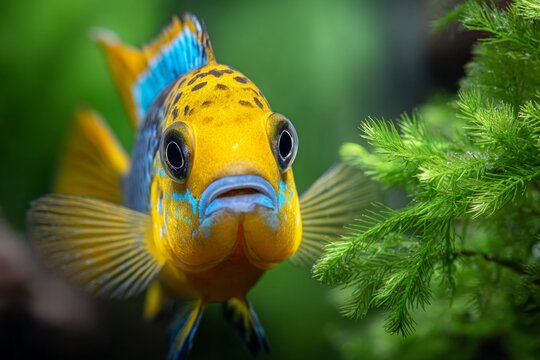 Vibrant ram cichlid glows in crystal-clear water