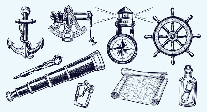 Nautical navigation tools and symbols including anchor sextant spyglass compass ship wheel map and message in a bottle