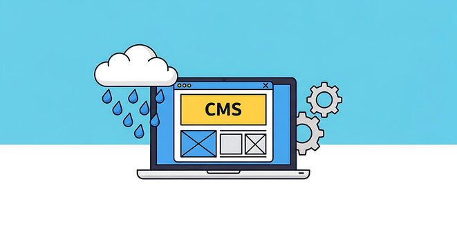 A computer displays a content management system on a rainy day with gears and a cloud.