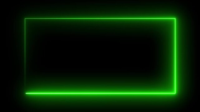 Live streaming neon text frame animation. Neon glowing green color square rectangle picture frame icon animation border frame shape rotating display screen. on a black background