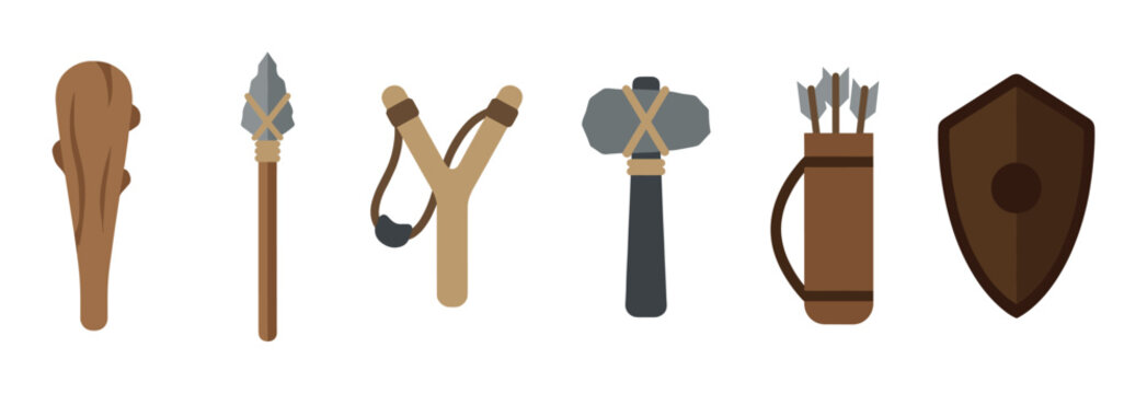 Set of ancient prehistoric weapons and tools including a club, spear, slingshot, stone axe, quiver with arrows, and a shield, presented as a flat vector illustration collection