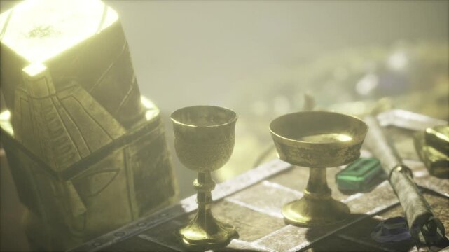 golden chalices on treasure table, antique dealer cataloging relics amid scattered coins and hexagonal jewelry box, warm cinematic light highlights dusty patina