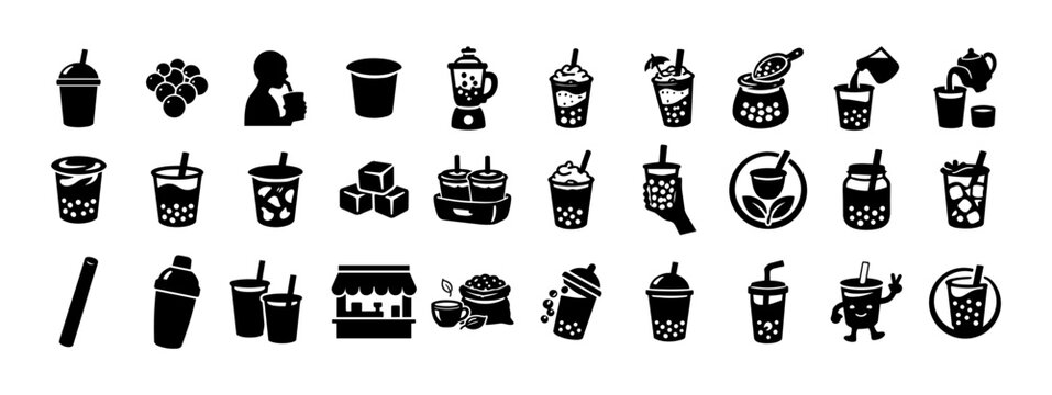 Bubble Tea and Boba Drink Silhouette Icon Set &ndash; Tapioca Milk Tea, Caf&eacute; Beverage Symbols Collection