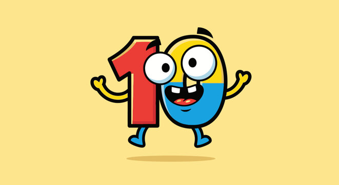 Playful cartoon character holds number one on bright yellow backdrop scene