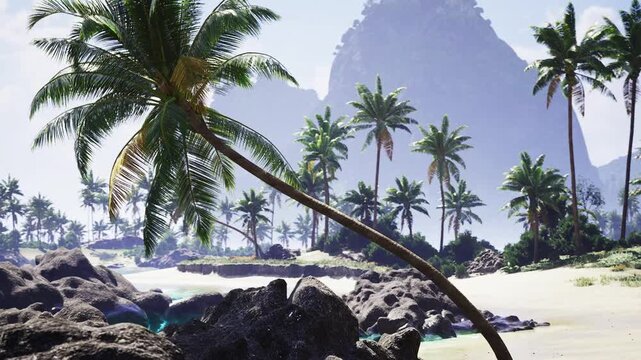 Sunlit beach grotto with swaying palms, rocky outcrops and soft sand, cerulean water with distant monolith peak, vibrant travel and wellness imagery